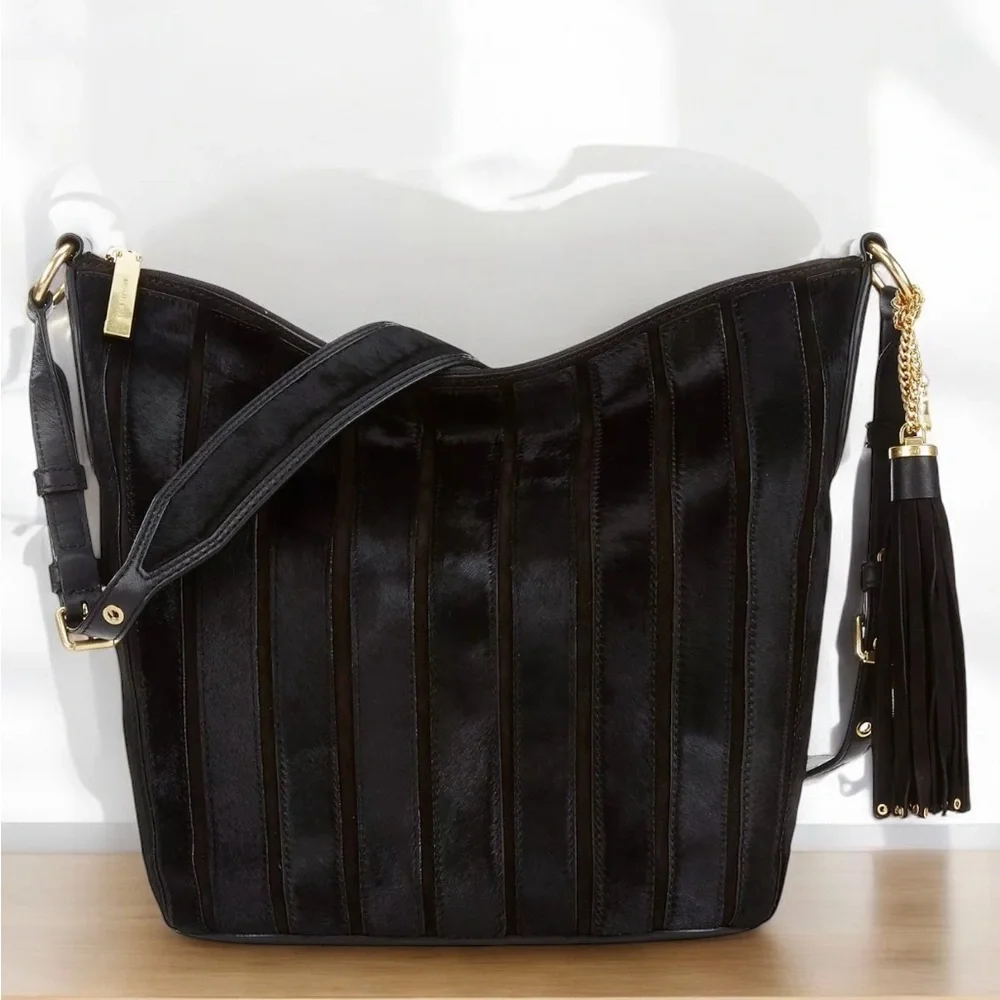 Michael Kors Black Brooklyn Applique Haircalf Feed Bag Purse with Dust Bag - Picture 13 of 15